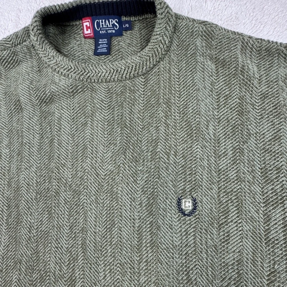 Vintage Chaps Men's L Olive Green Cotton Crew Neck Herringbone Knit Sweater 90's